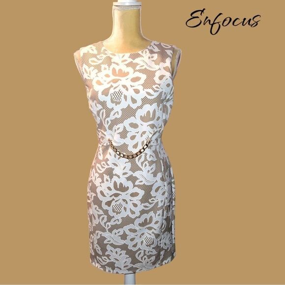 Enfocus brand beige dress with cream lace design overlay! New - Picture 4 of 12